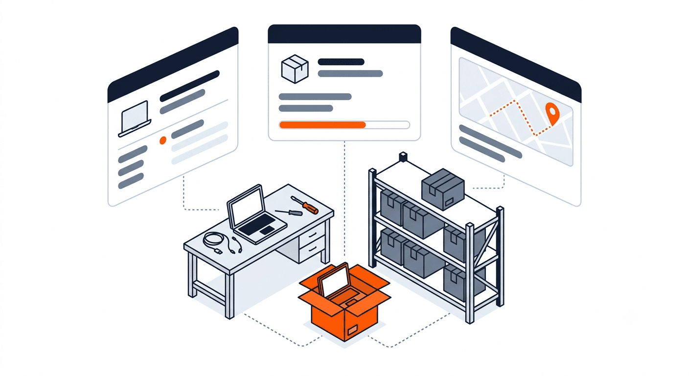 Isometric illustration of the SwiftDeploy depot workflow: prep bench, tracked shipping box, and shelved inventory linked to portal screens