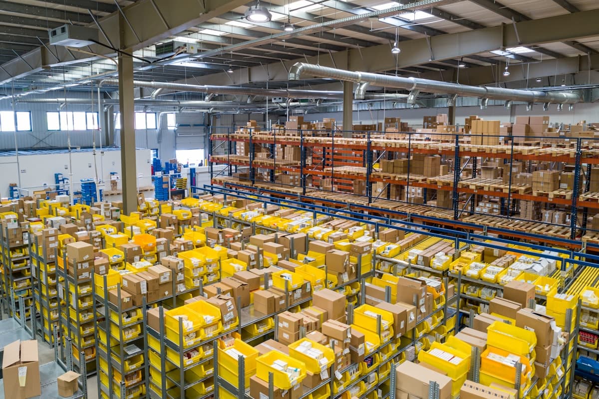 Racked warehouse inventory under bright depot lighting